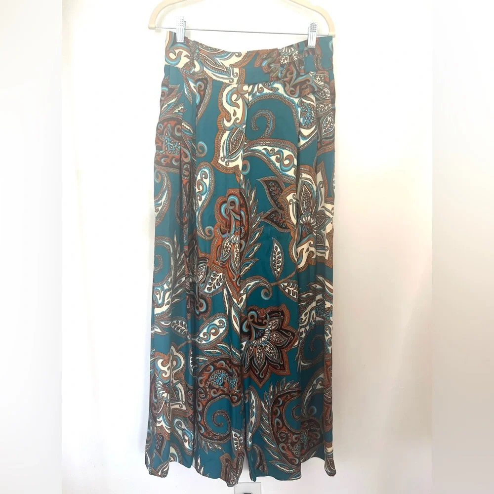 FARM Rio Teal & Brown Paisley Wide-Leg Palazzo Pants - Picture 8 of 13